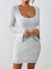 Chiquease Women's Solid Color Simple Everyday Flare Sleeve Pullover Long Dress Fall Cloth For Women - Grey - View 3