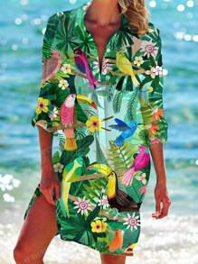Camisa de manga larga y falda estampada con flores, pájaros y plantas, adecuada para vacaciones en la playa, ropa de mujer de talla grande