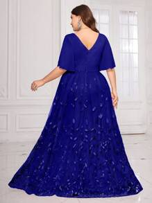 UNITHORSE 加大码 V 领 [随机剪裁] 荷叶边袖胸前褶饰叶网眼刺绣亮片网眼撞色礼服优雅舞会晚会婚礼宾客礼服，适合毕业礼服、新娘礼服、生日女士服装、礼服、派对礼服