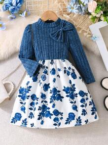 少女碎花针织泡泡袖短款上衣和波点印花拼接公主裙，蓝色，适合秋冬季