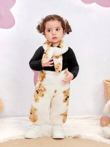 SHEIN 2 piezas Conjunto de invierno informal para bebé niña con suéter y pantalones con estampado de dibujos animados esponjoso