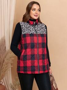 EMERY ROSE Abrigo acolchado con bolsillos, diseño de parches de leopardo y cuadros, talla grande para otoño e invierno