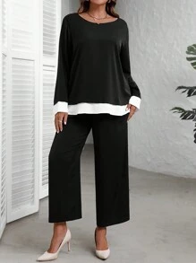 EMERY ROSE 2 Teile Lose Damen Set in Große Größen mit Farbblockdesign, bestehend aus Rundhals Langarm Oberteil und weiter Hose für den Herbst