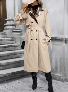 SHEIN Clasi Teacher Shirts Casual Women Dresses Business Women Clothes Long Sleeve Fall Shirt Old Money Style Back To School Clothes Plaid Collar Double-Breasted Peach Cinched Waist Women's Trench Halloween Fall Coat - Apricot - View 5