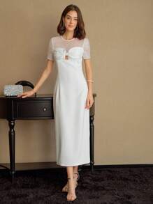 MOTF STUDIO CONTRAST SEQUIN YOKE RUCHED BUST SLIM FIT DRESS - White - View 4