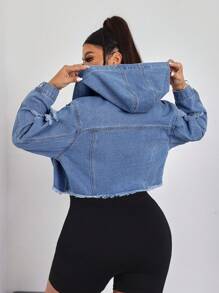 SHEIN ICON Plus Size Women's Solid Color Casual Hooded Long Sleeve Denim Jacket - Blue - View 1