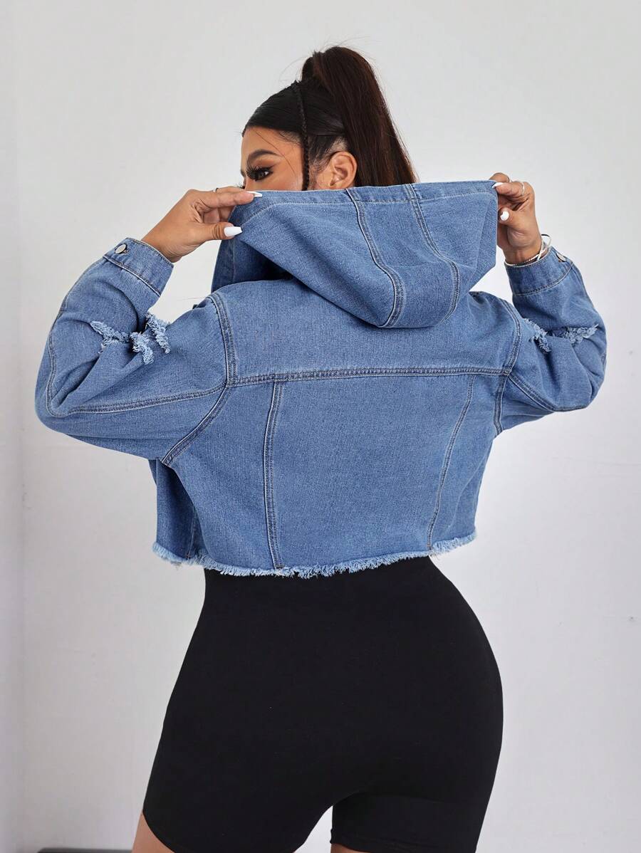 SHEIN ICON Plus Size Women's Solid Color Casual Hooded Long Sleeve Denim Jacket - Blue - View 1