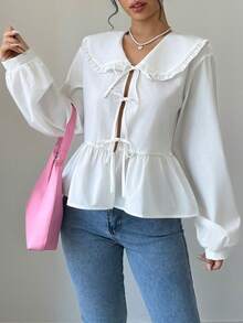 Chiquease Áo kiểu nữ mùa xuân và mùa thu màu trơn cổ Peter Pan tay áo đèn lồng - trắng - Xem 6