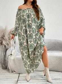 SHEIN LUNE Plus Size Long Sleeve Off Shoulder Pleated Casual Dress,Elegant Wedding Guest White Autumn Sequin Loose Comfortable Green Vintage Women Dresses - Green - View 4