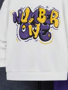 SHEIN 2 件套青少年男童休闲宽松舒适连帽衫和运动裤套装，带卡通字母印花，保暖内衬，加厚 - 紫色 - 查看 3