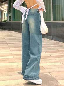 排扣设计男友风浅蓝色复古牛仔直筒裤女秋季休闲阔腿牛仔裤 - 中等水洗藍 - 查看 2
