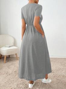 SHEIN Essnce 女士纯色圆领口袋夏季短袖休闲连衣裙 - 淺灰色 - 查看 2