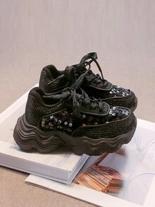 Nuevos zapatos deportivos para niños de otoño, tenis negros para niños grandes, zapatos casuales con plataforma de suela gruesa para niñas, zapatos para correr para estudiantes - Negro - Ver 2