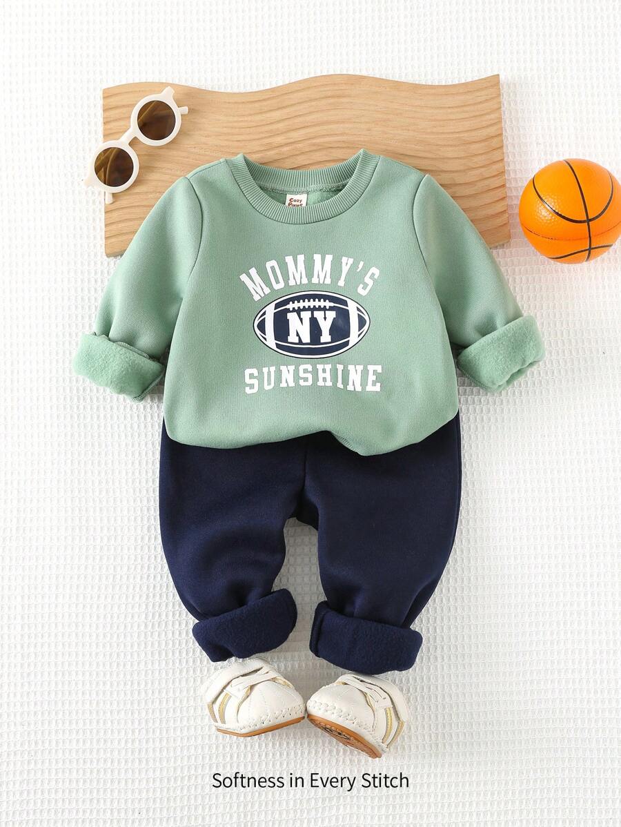 Cozy Pixies 2pcs Baby Boy Letter Print Crew Neck Sweatshirt And Elastic Waist Jogger Pants Set