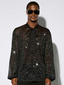 Manfinity VCAY 1pc Quần áo Y2K nam vui nhộn giản dị hợp thời trang đường phố cổ điển sequins dây buộc áo sơ mi dài tay có thể nhìn thấy quần áo mùa thu quần áo Halloween - màu đen - Xem 1