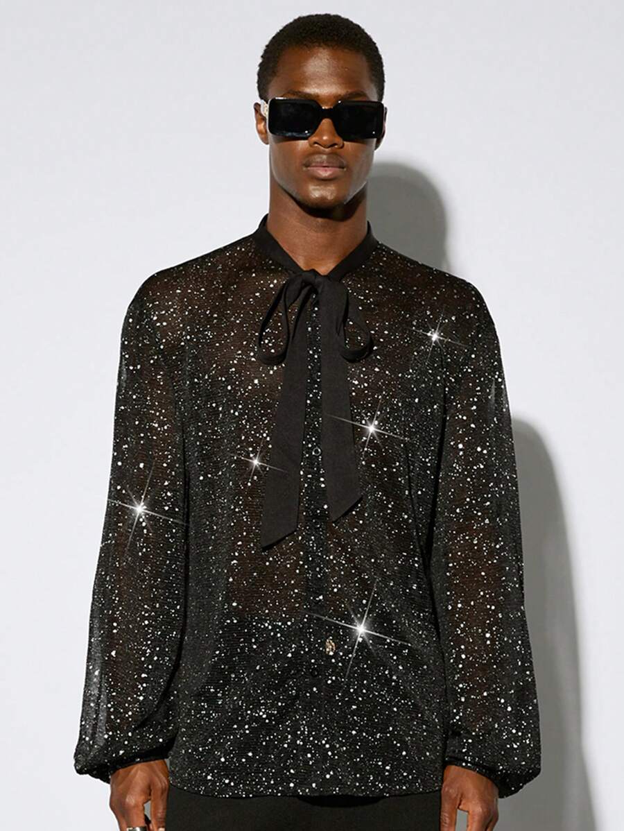 Manfinity VCAY 1pc Quần áo Y2K nam vui nhộn giản dị hợp thời trang đường phố cổ điển sequins dây buộc áo sơ mi dài tay có thể nhìn thấy quần áo mùa thu quần áo Halloween - màu đen - Xem 1