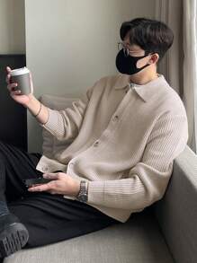 DAZY 男士纯色宽松休闲开衫长袖秋季夹克 - 杏色 - 查看 4