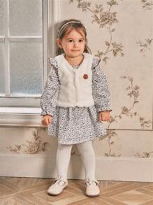 SHEIN 2pcs/Set Baby Girl Thick Warm Fleece Vest & Ditsy Floral Ruffle Hem Dress Set, Suitable For Outings, Christmas - Multicolor - View 4