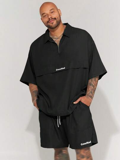 EASEVO 2pcs Plus Size Men's Casual Loose Woven Short Sleeve Shirt & Shorts Set Suitable For Summer Everyday Wear, Cozy Outfits