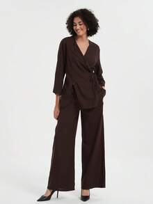 2pcs Women's Vintage Resort Loose Tie V-Neck Jacket And Casual Pants Set