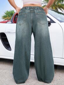 SHEIN ICON Pantalones anchos de pierna ancha de estilo callejero sexy informal de las mujeres de talla grande, pantalones vaqueros anchos y holgados de mezclilla azul para mujeres - Azul lavado oscuro - Ver 2