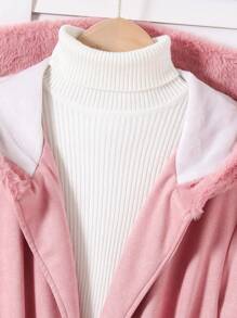 少女蓬松拼接长袖简约鹿皮绒面连帽长外套 - 粉色 - 查看 5