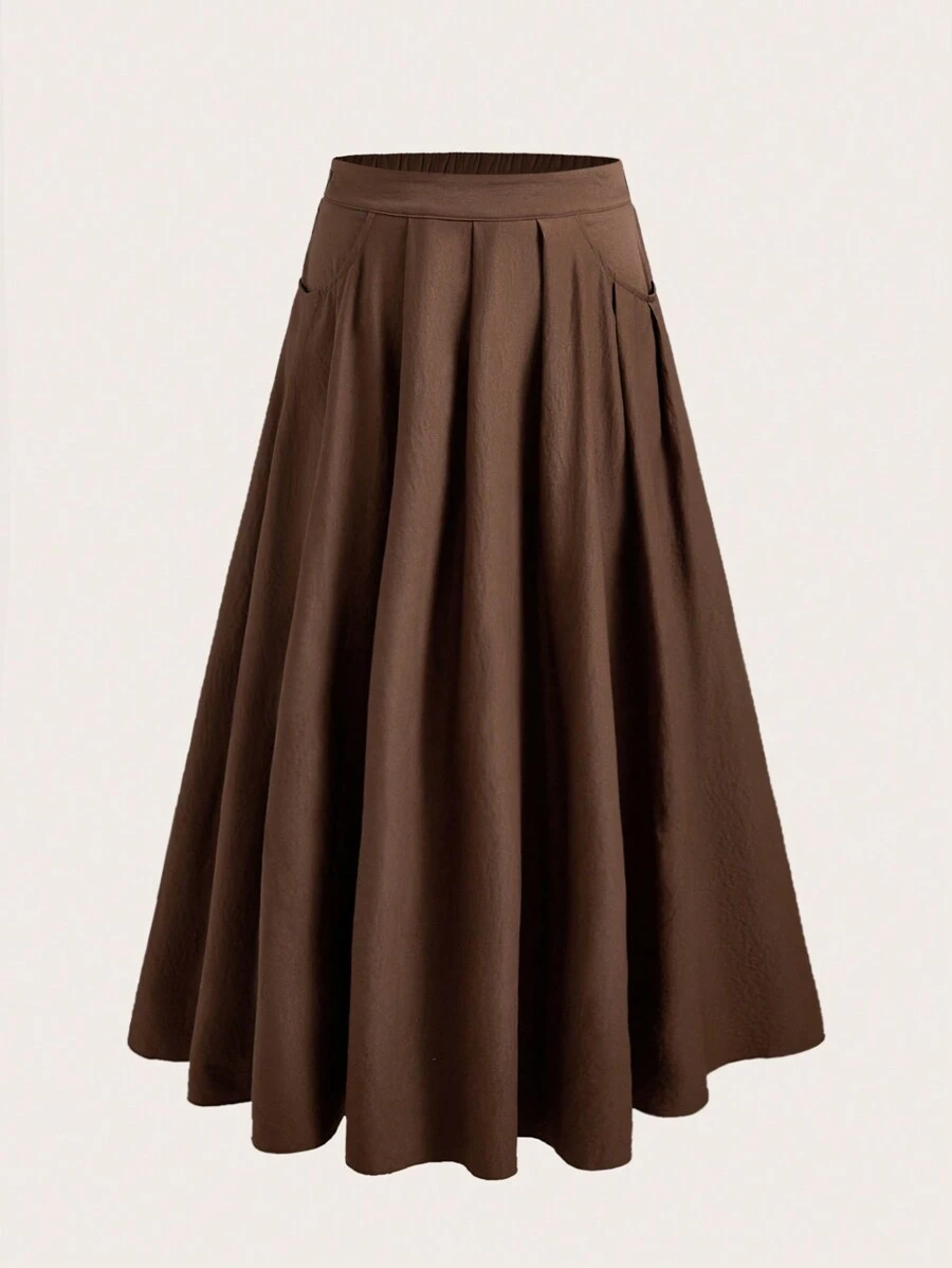 Flirla 大码女式纯色褶皱口袋中长优雅半身裙