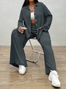 CovetEZ Bộ 2 áo dài tay đơn giản màu trơn cỡ lớn cho nữ và quần dài - Màu xám đen - Xem 1