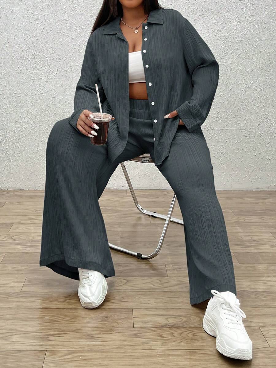 CovetEZ Bộ 2 áo dài tay đơn giản màu trơn cỡ lớn cho nữ và quần dài - Màu xám đen - Xem 1