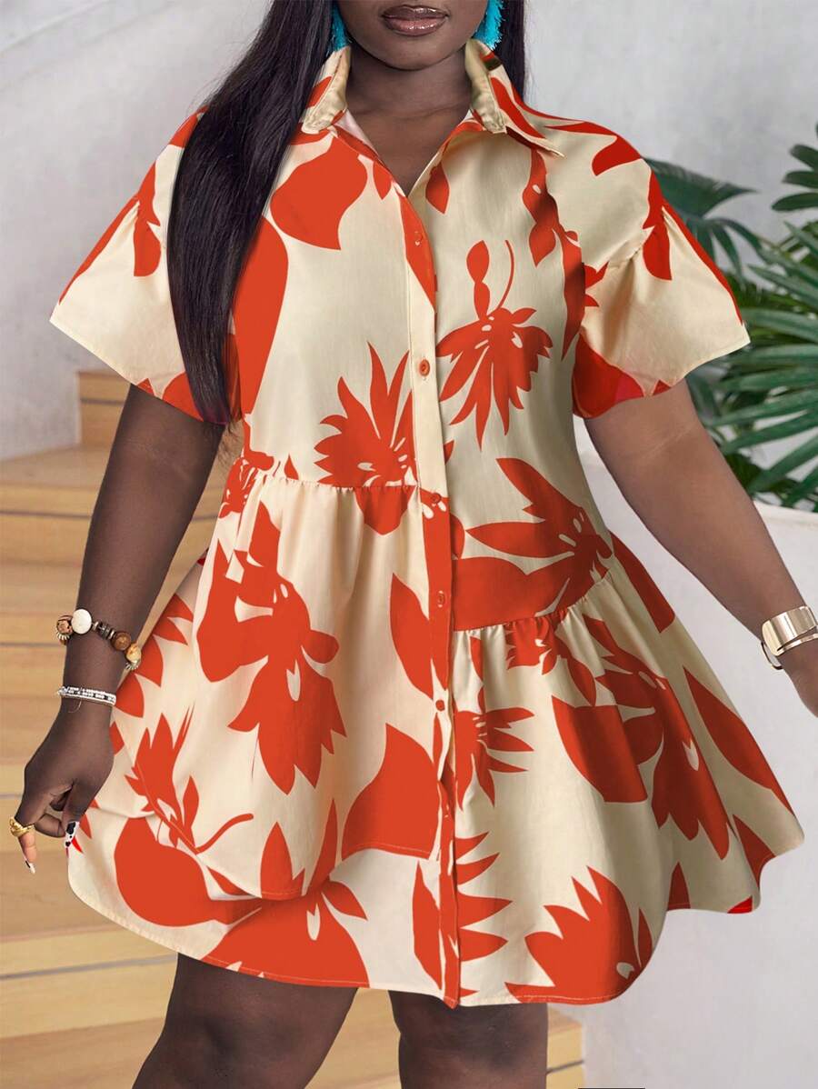 Slaydiva 大码女式休闲花卉印花不对称下摆短袖 A 字形连衣裙 - 橘色 - 查看 1