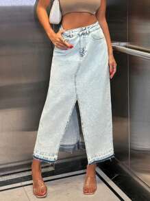 EURMUSE 100% Cotton WOMEN SNOW WASHING SKIRT - Medium Wash - View 4