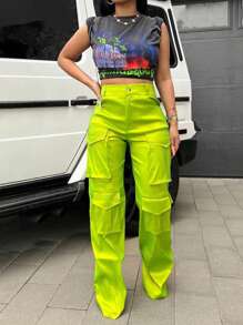 Pantalones de Mujer Botón Bolsillo Cremallera Liso Casual - Verde Lima - Ver 1