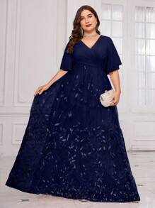 UNITHORSE Plus Size V-Neck [Random Cut] Ruffle Sleeve, Chest Pleated Leaf Mesh Embroidery Sequin Mesh Contrast Color Formal Dress, Elegant For Gala, Wedding Guest, Graduation, Bridal, Birthday Party, Formal Occasion Spring - Navy Blue - View 6