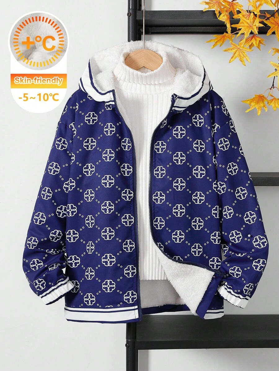 SHEIN Tween Boy Casual Full-Print Hooded Fleece Jacket, Autumn/Winter - Navy Blue - View 1