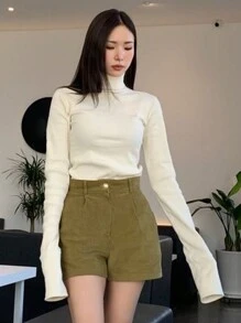 DAZY Áo thun cổ cao ôm sát màu trơn cho nữ, Áo dài tay cho nữ mùa thu, xuân và hè, Quần áo nữ mùa thu - Màu be - Xem 6