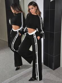 SHEIN ICON Women's Y2k Sporty Casual Going Out Fall Outfits Black Low-Rise Two-Tone Bow Wide Leg Sweatpants - Black - View 6