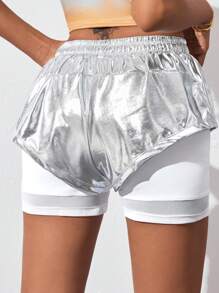 Easithlete Quần short thể thao rút dây đơn giản hàng ngày màu trơn cho nữ - Bạc - Xem 3