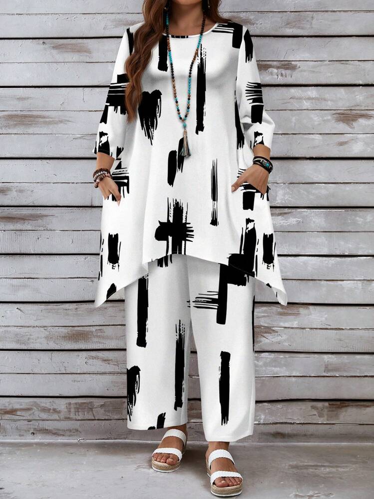 EMERY ROSE Plus Size Women's Asymmetrical Line Stroke Print Loose Long 2pcs Set, Suitable For Summer And Autumn - Multicolor - View 3