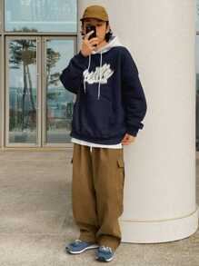 DAZY 男士休闲字母印花落肩长袖抽绳连帽衫，春秋季 - 藏蓝色 - 查看 7