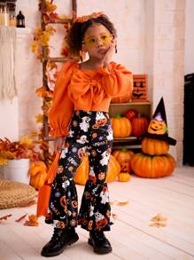 SHEIN 2pcs Young Girl Halloween Theme Knitted Square Neck Ruched Bow Decor Puff Sleeve Crop Top And Knitted Fitted Flared Pants Fall Set - Multicolor - View 4