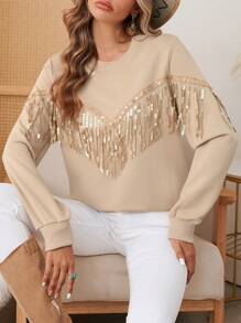 SHEIN VCAY Women's Round Neck Patchwork Fringe Casual Sweatshirt, Autumn Winter