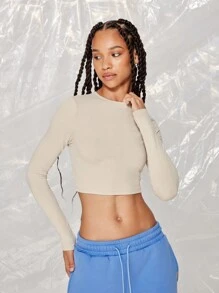 SUMWON WOMEN Street Slim Fit Long Sleeve Crop Top - Apricot - View 1