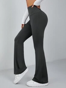 SHEIN PETITE 休閒實色寬腰中空修身喇叭褲 - 灰色 - 查看 6