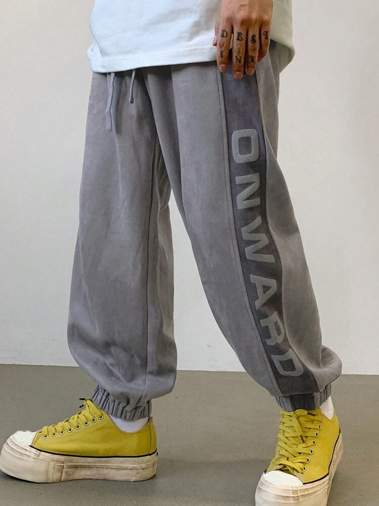 Men's Casual Trousers With Letter Print And Elastic Cuffs, Autumn Men Joggers