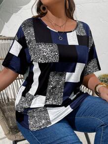 EMERY ROSE Plus Size Round Neck Short Sleeve Patchwork T-Shirt, Casual Daily Wear, For Summer