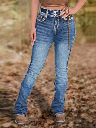 女式高腰直筒牛仔裤，刺绣口袋，经典双纽扣，猫须褶皱，舒适面料，修身版型，百搭款式，适合日常穿着