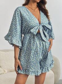 SHEIN 孕妇宽松蝴蝶结前开襟连体衣，适合城市度假 - 藍色 - 查看 5