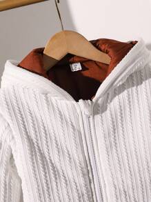 Young Boy Casual Loose Knit Jacquard Thickened Thermal Lined Zip-Up Hooded Jacket, Streetwear Style, Suitable For 4-7 Years Old Boys, Lightweight Warm Winter Coat - White - View 7