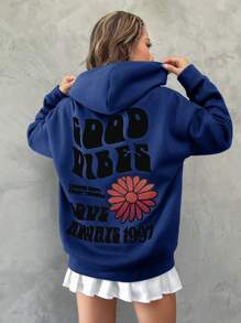 Floral & Slogan Graphic Drop Shoulder Hoodie - Royal Blue - View 6