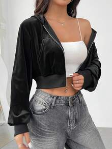 Muchica Women's Black Velvet Zip-Up Hooded Cropped Sweatshirt - Black - View 3